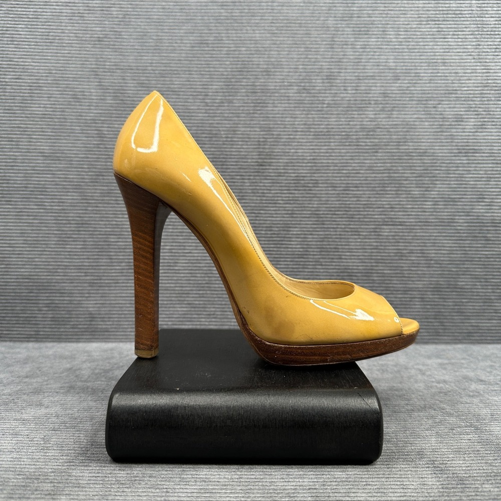 Jimmy Choo Mustard Yellow Patent Leather Peep Toe Platform Pumps Heels 38 y2k